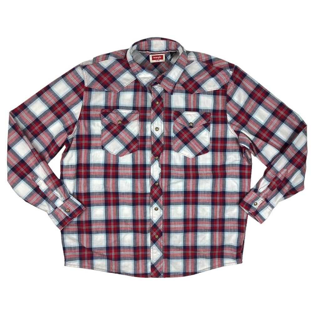 Wrangler Men's XL Plaid Shirt Pearl Snap Retro Western Red L/S Cotton Spandex